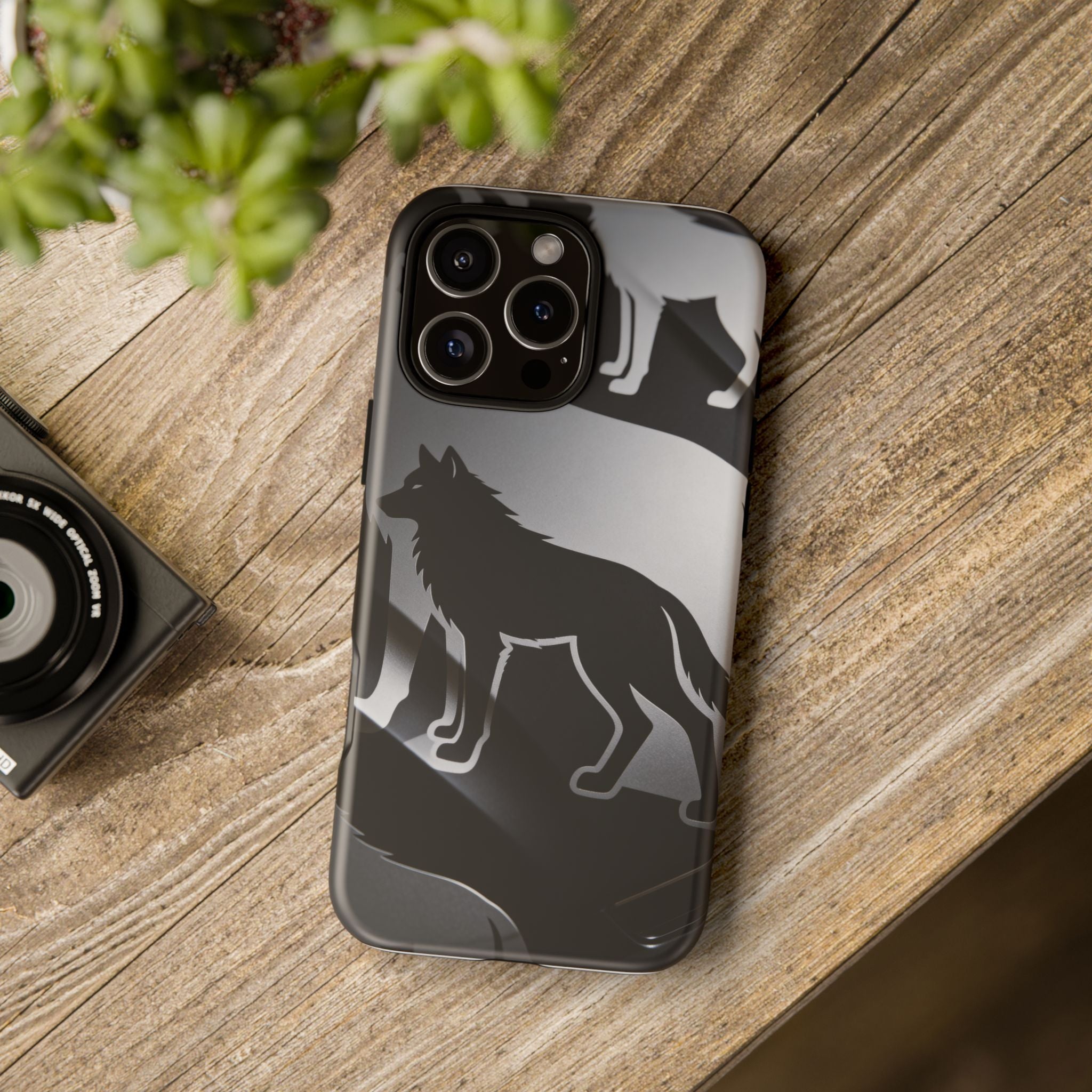 Wolf Silhouette Phone Case — Black & Gray Patterned Protective Case
