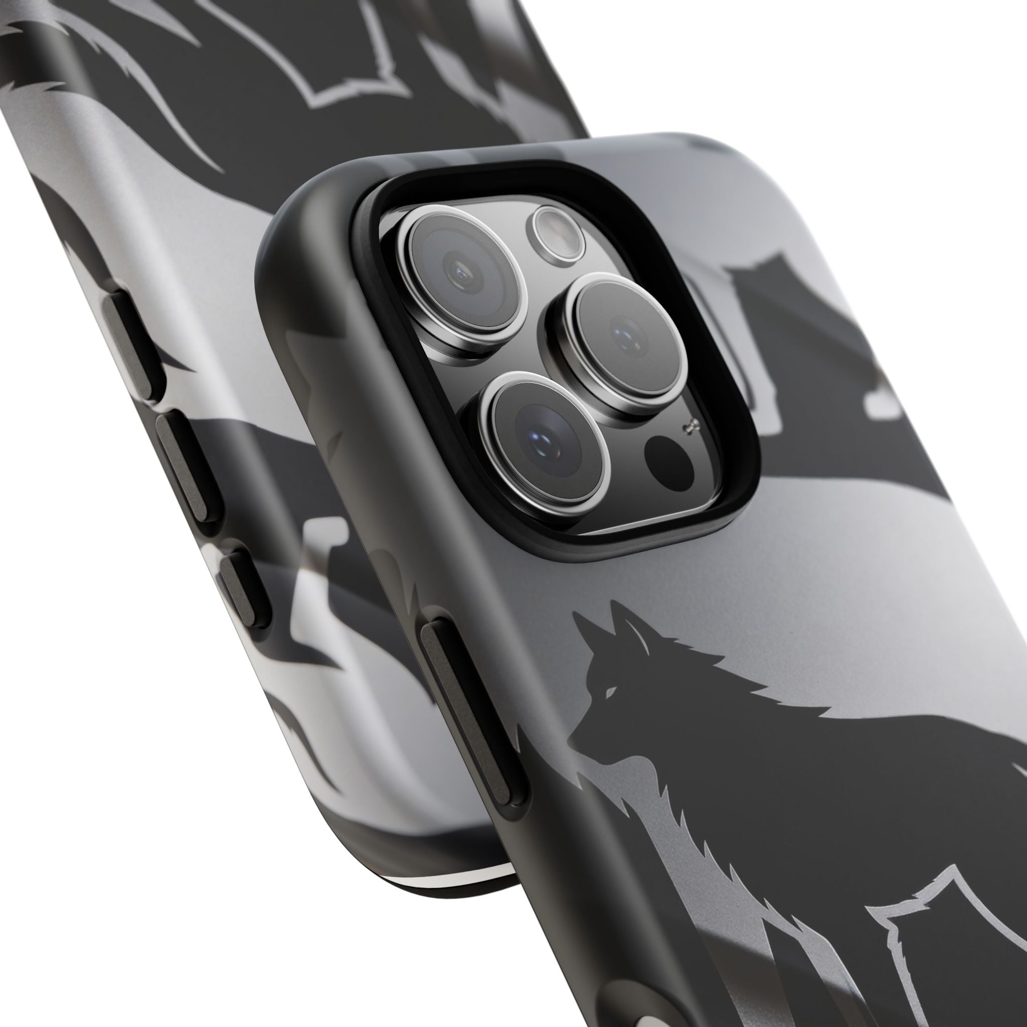 Wolf Silhouette Phone Case — Black & Gray Patterned Protective Case