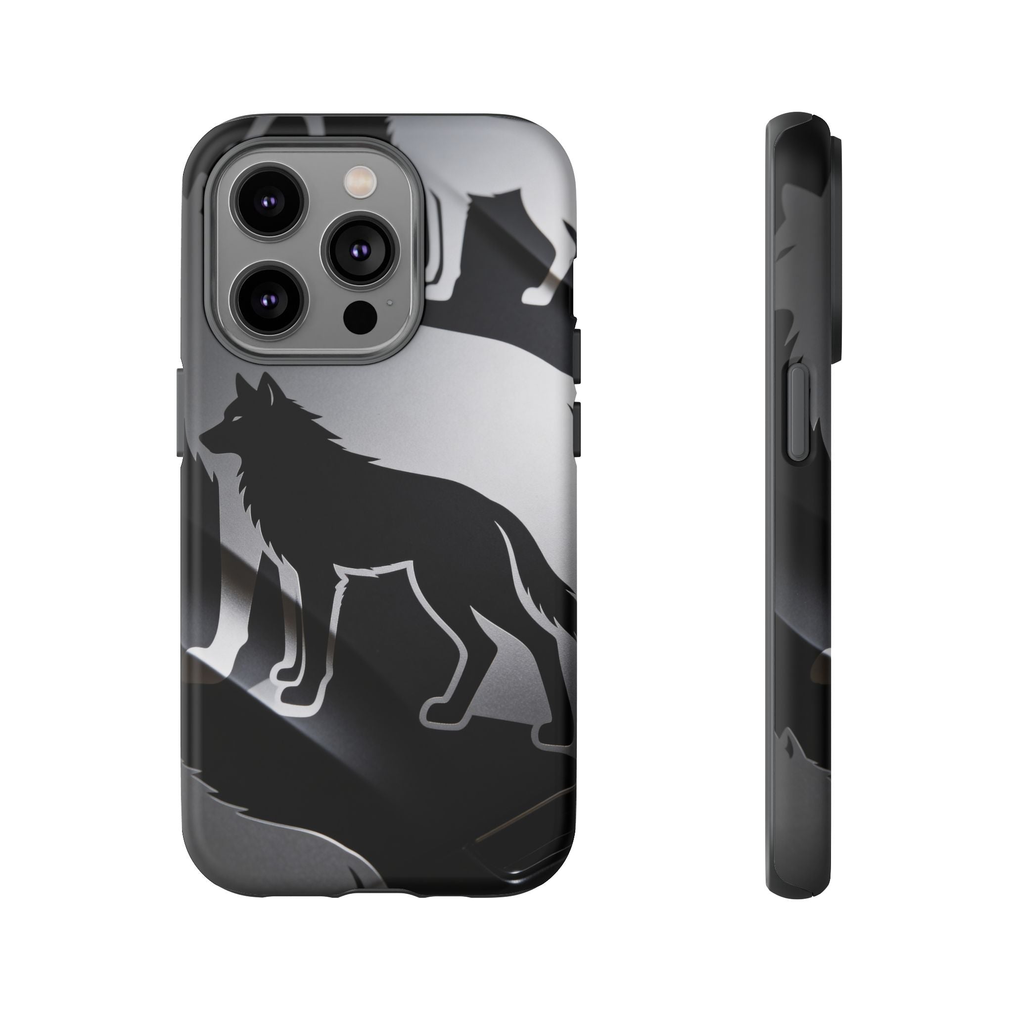 Wolf Silhouette Phone Case — Black & Gray Patterned Protective Case