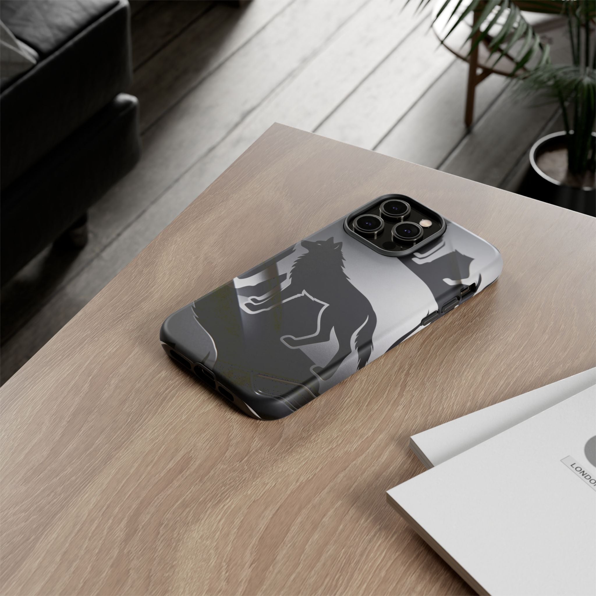 Wolf Silhouette Phone Case — Black & Gray Patterned Protective Case