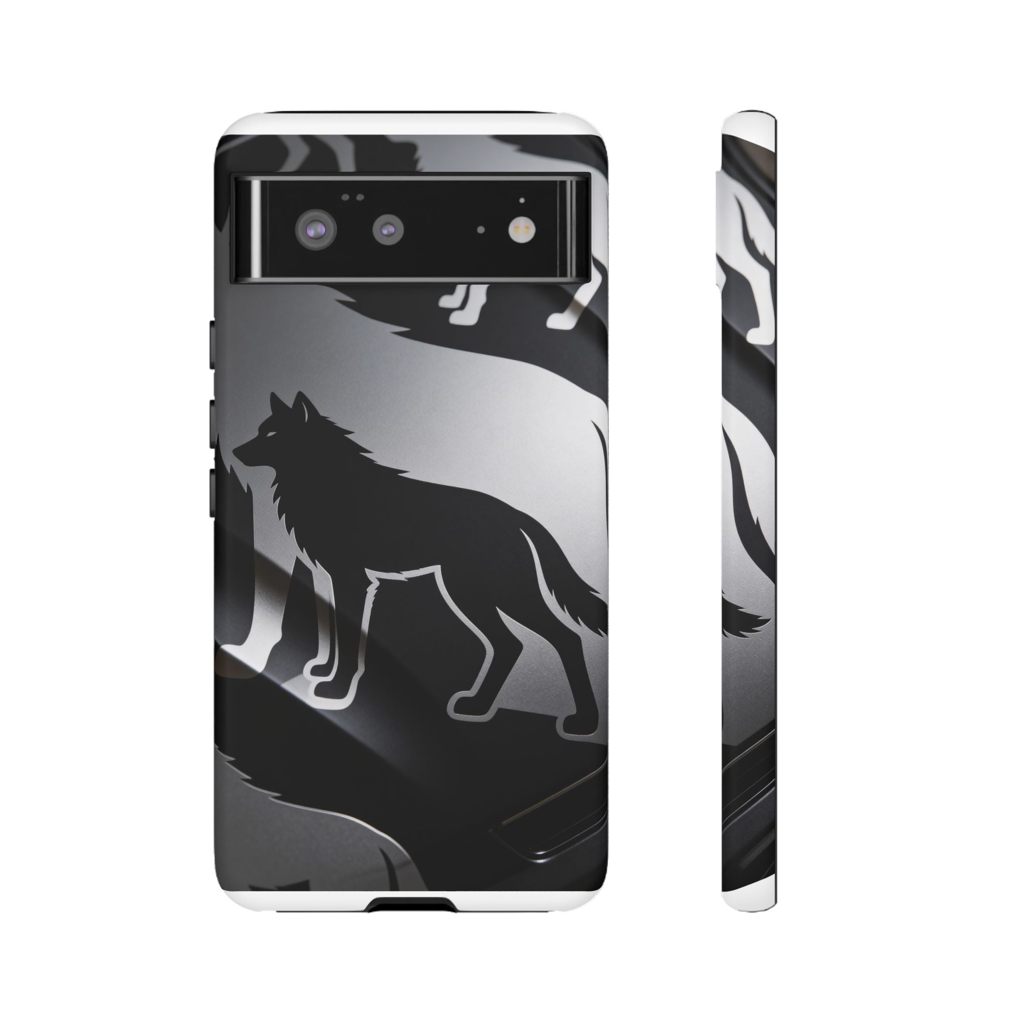 Wolf Silhouette Phone Case — Black & Gray Patterned Protective Case