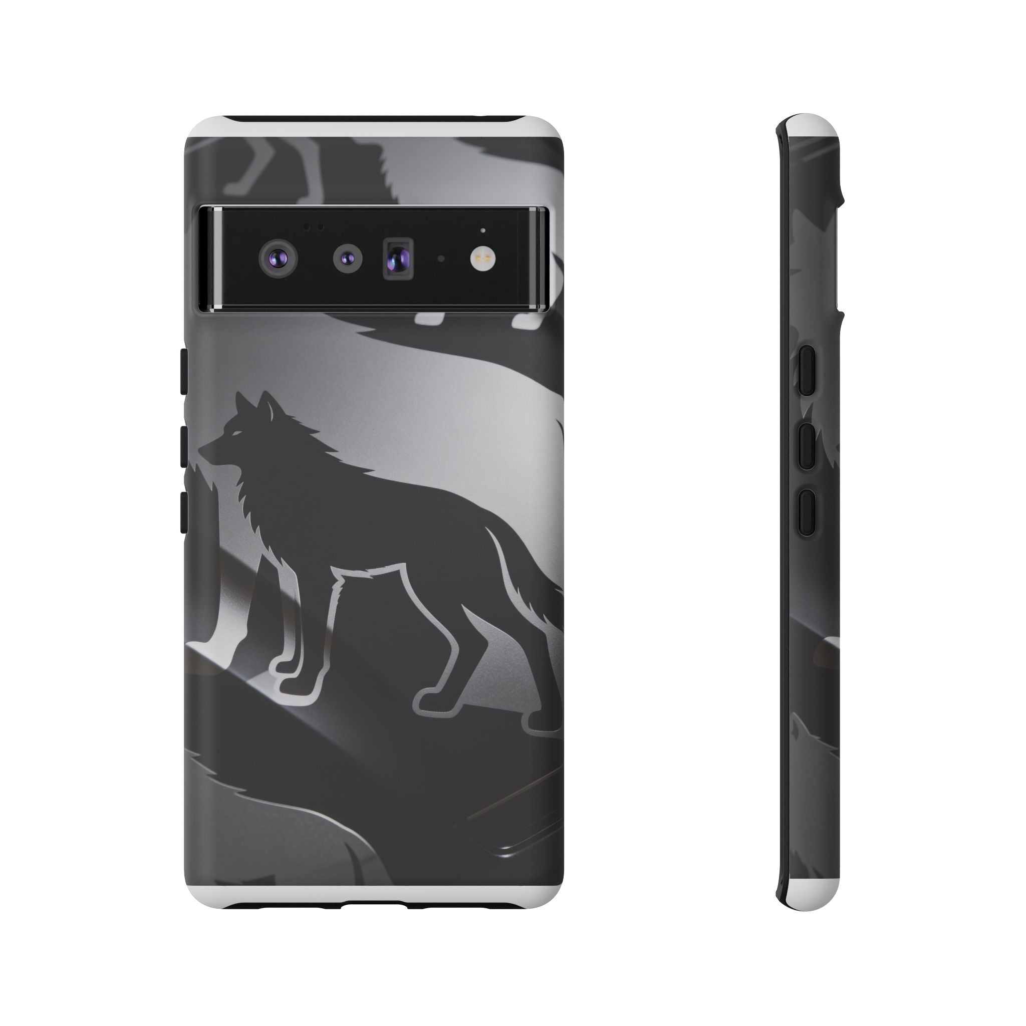 Wolf Silhouette Phone Case — Black & Gray Patterned Protective Case