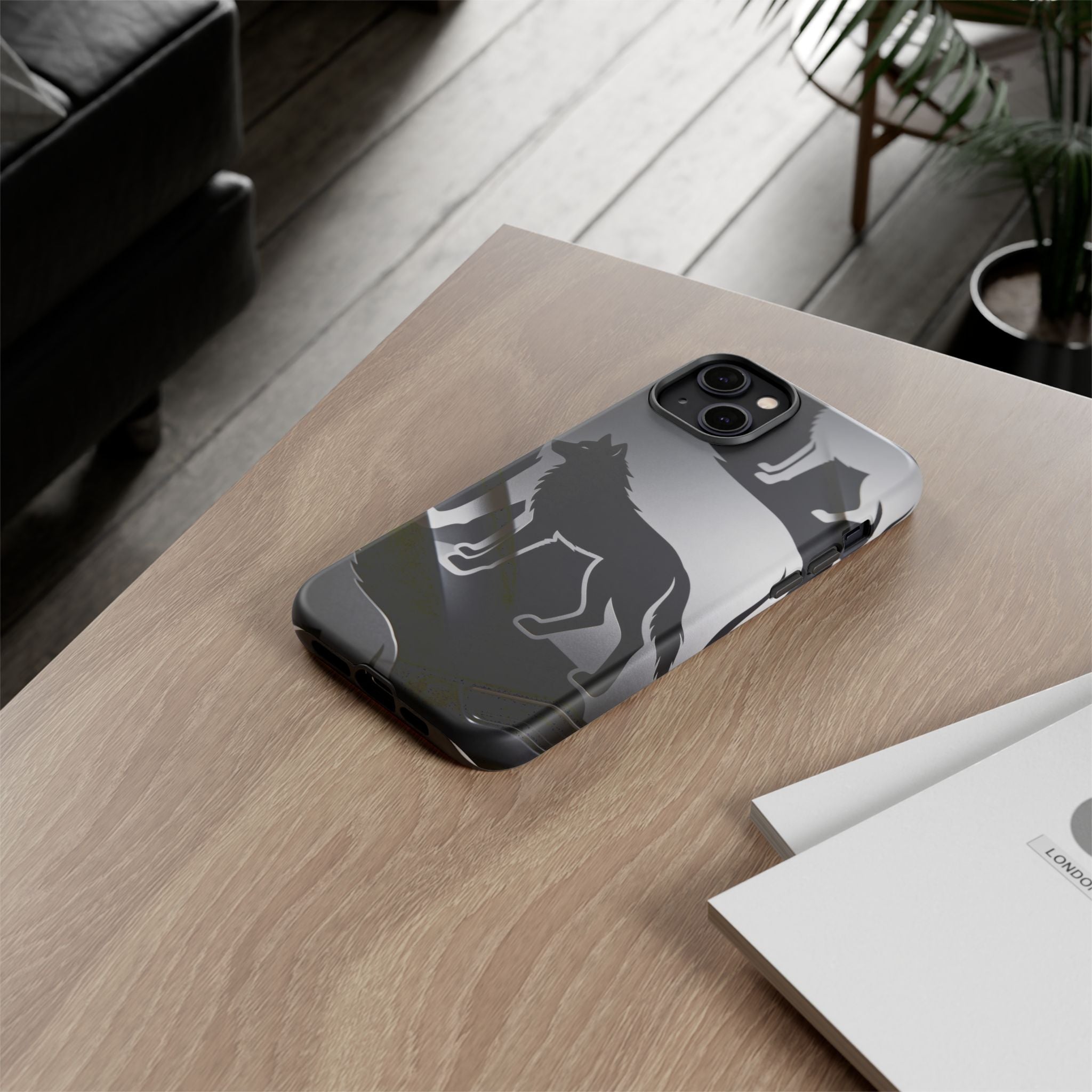 Wolf Silhouette Phone Case — Black & Gray Patterned Protective Case