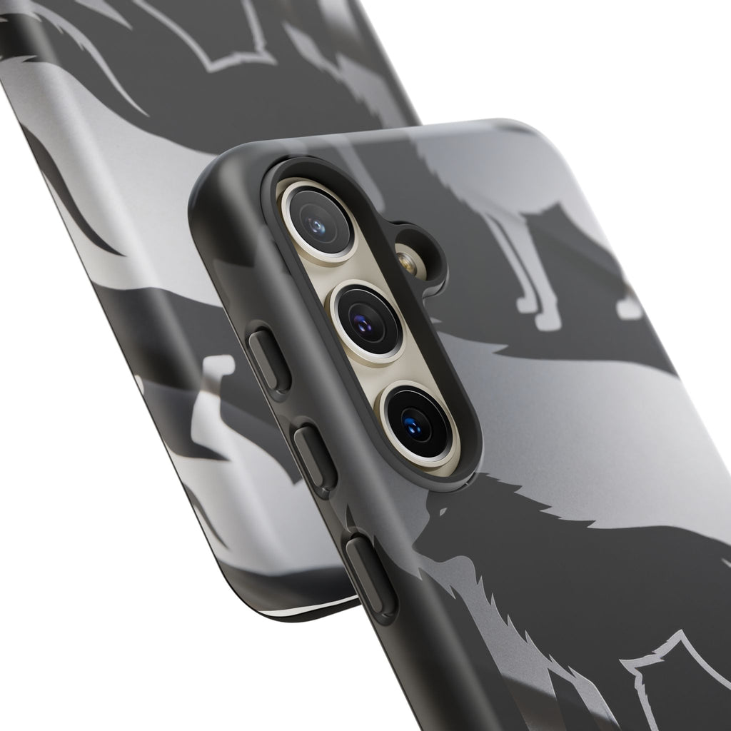 Wolf Silhouette Phone Case — Black & Gray Patterned Protective Case