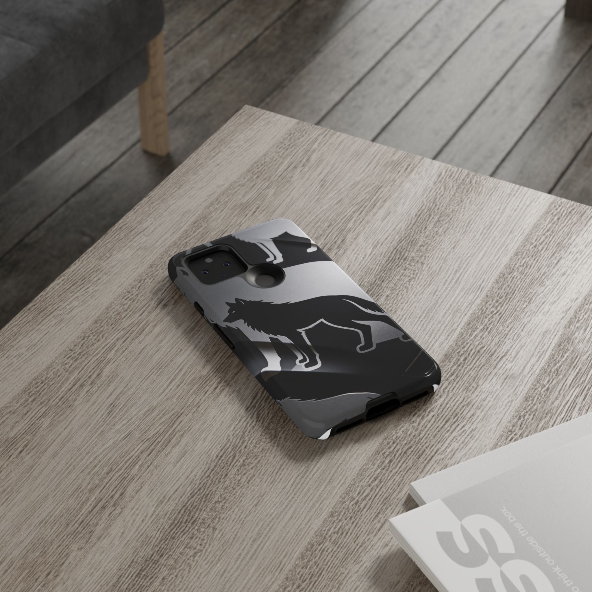 Wolf Silhouette Phone Case — Black & Gray Patterned Protective Case