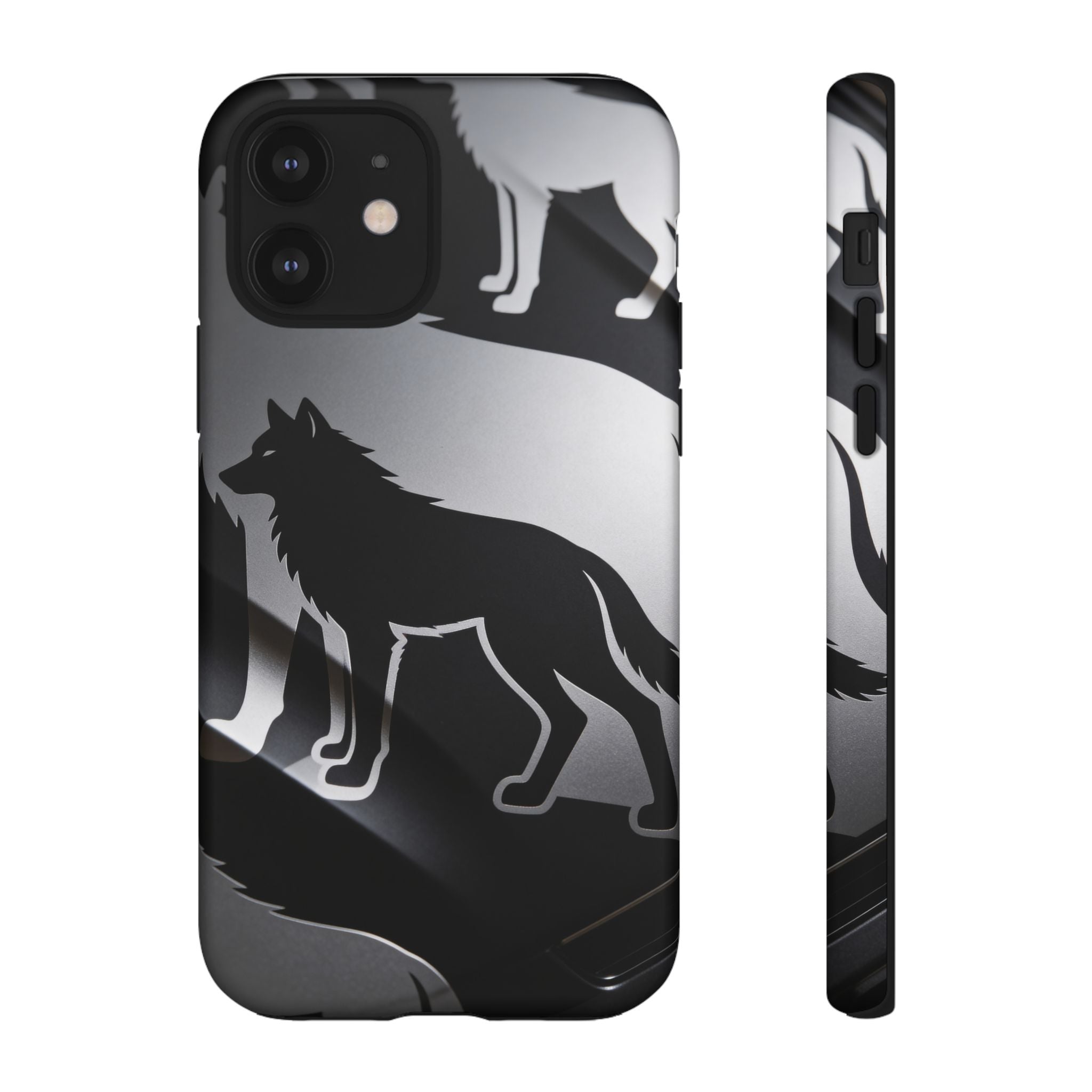 Wolf Silhouette Phone Case — Black & Gray Patterned Protective Case