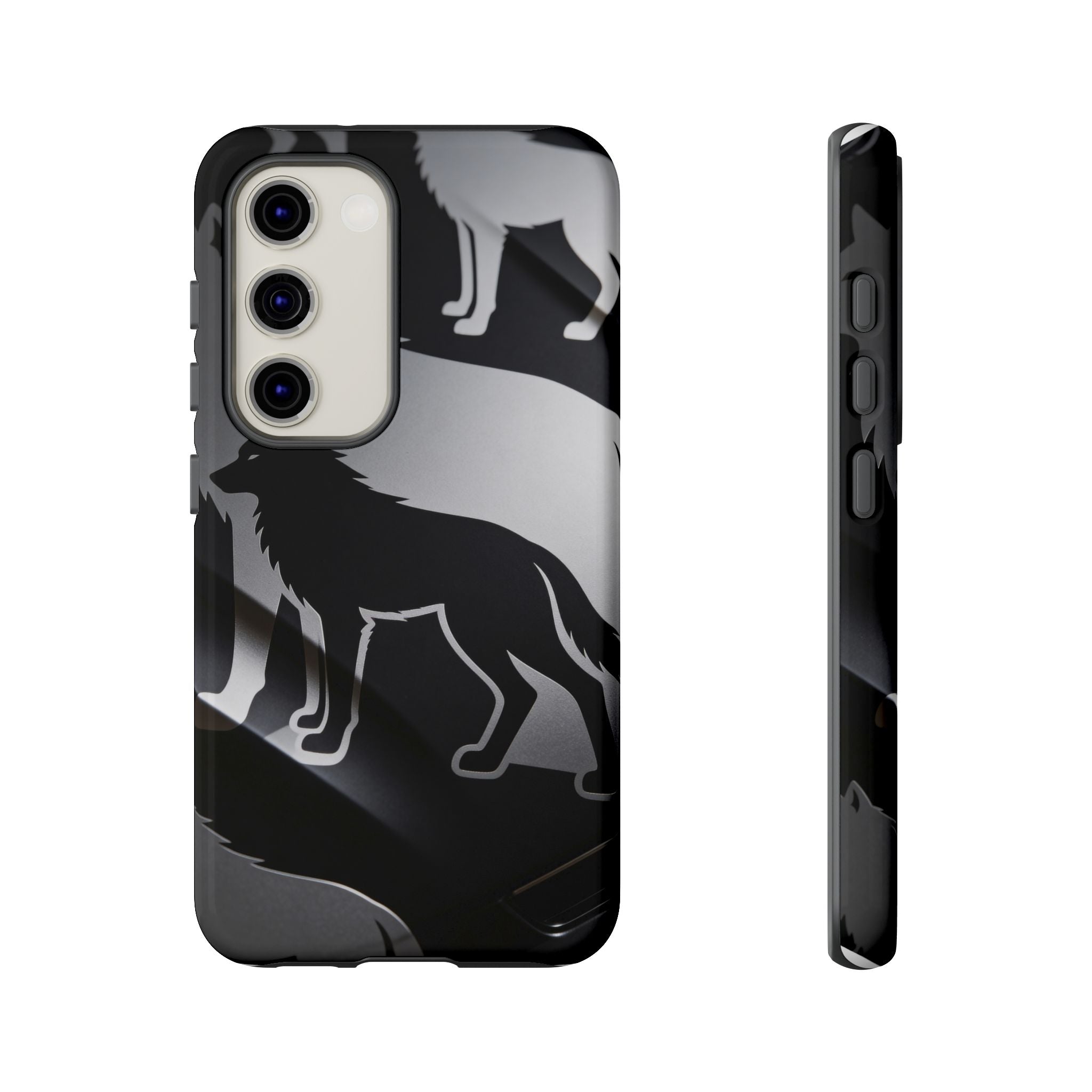 Wolf Silhouette Phone Case — Black & Gray Patterned Protective Case