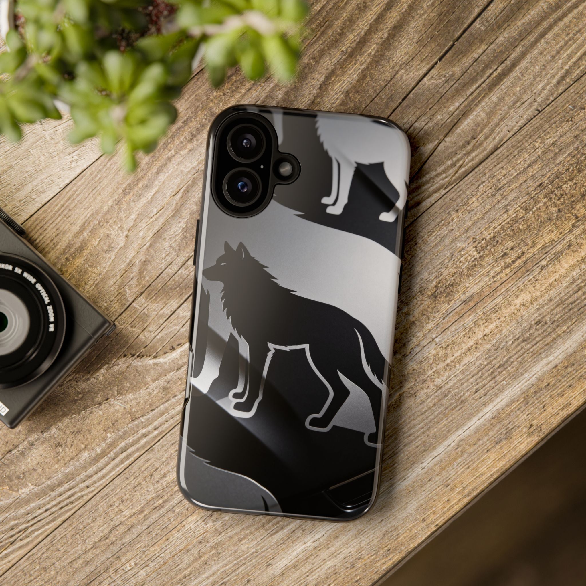 Wolf Silhouette Phone Case — Black & Gray Patterned Protective Case