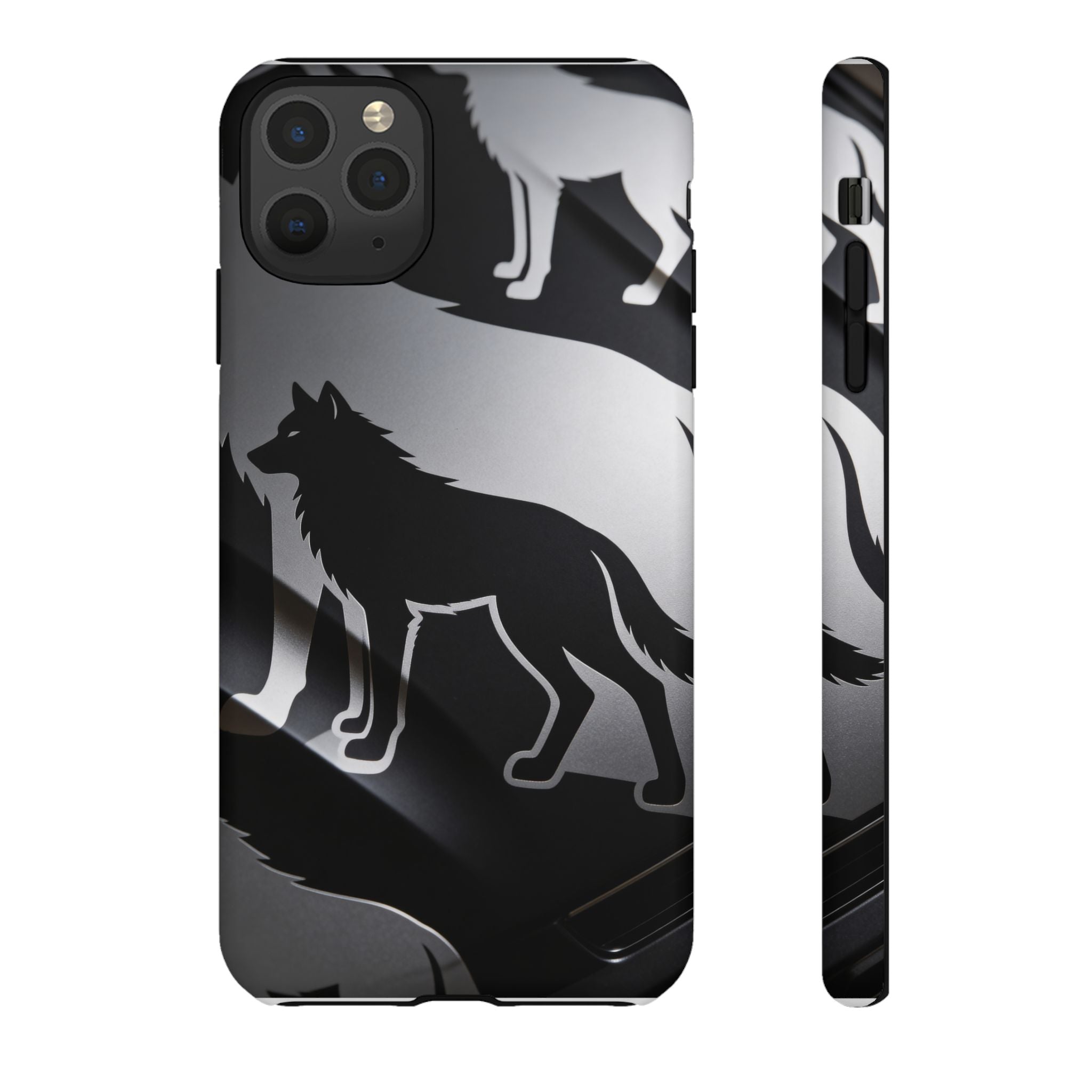 Wolf Silhouette Phone Case — Black & Gray Patterned Protective Case