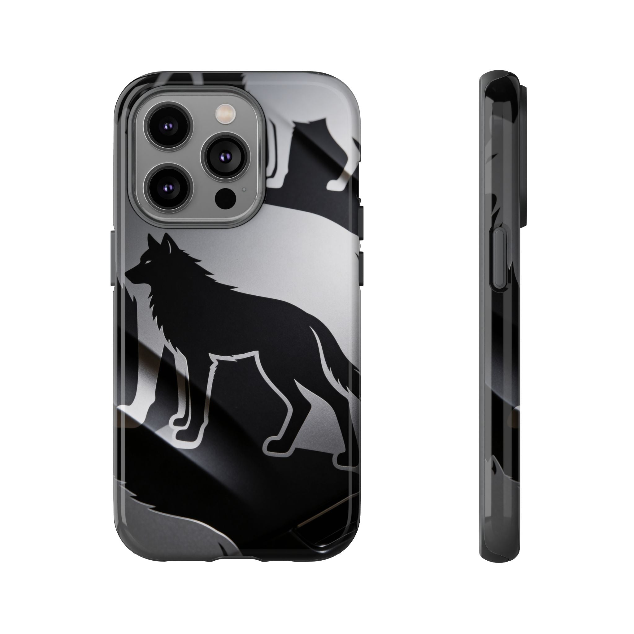 Wolf Silhouette Phone Case — Black & Gray Patterned Protective Case
